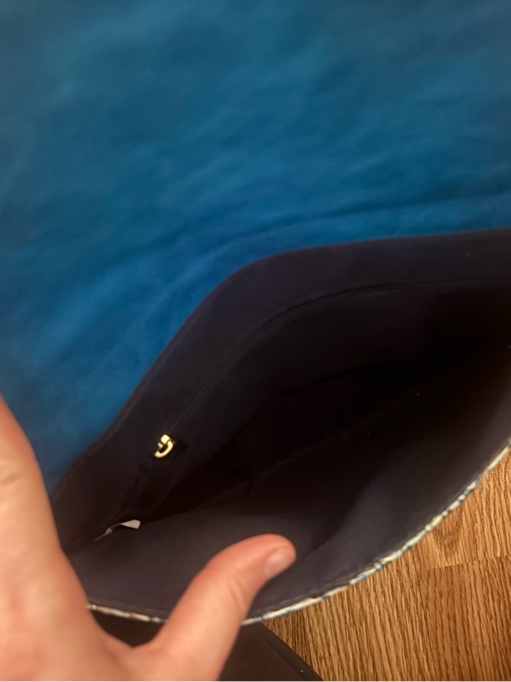 Metallic Blue Patterned Envelope Clutch with Gold Chain - Picture 6 of 7